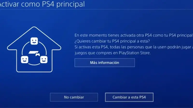 Pantalla Activar como PS4 principal con la opción Cambiar a esta PS4