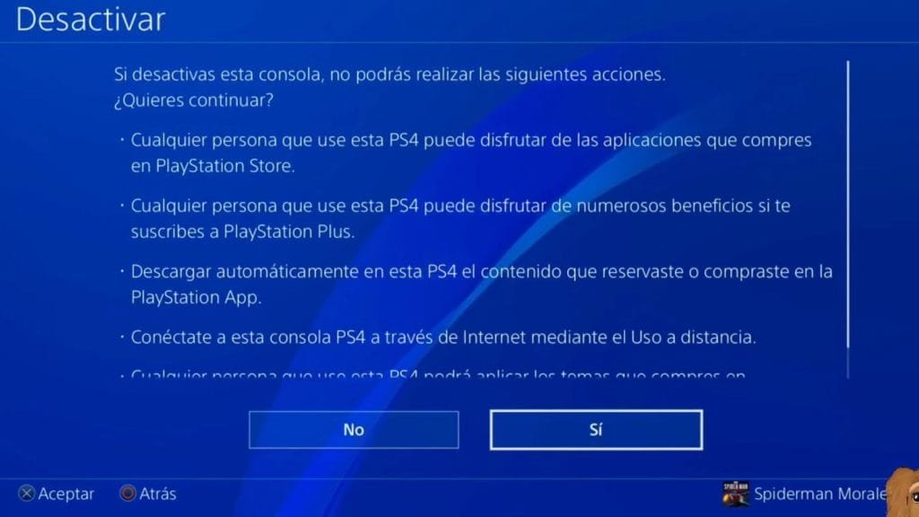 Confirmar desactivación PS4
