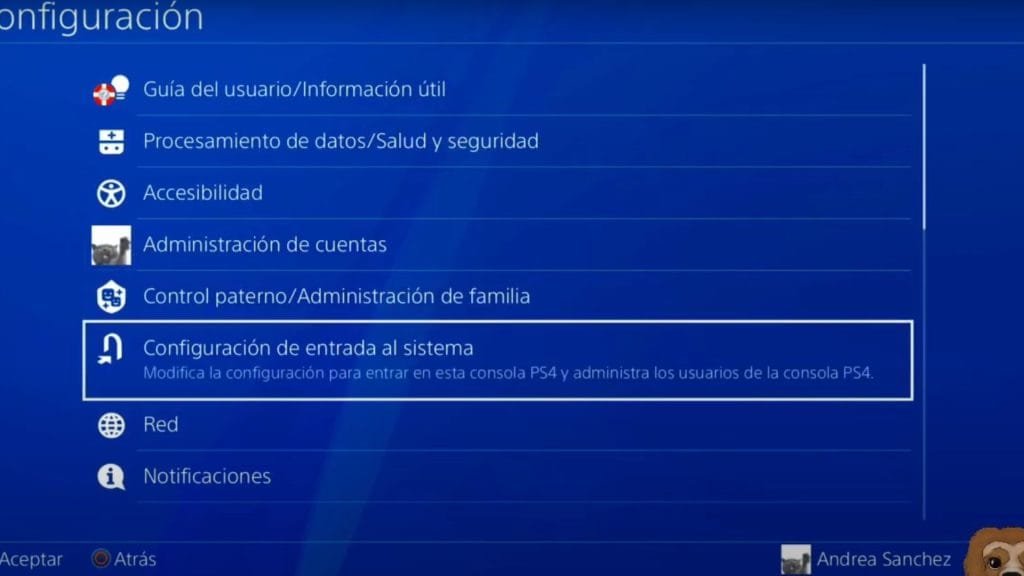 Configuración de entrada al sistema PS4