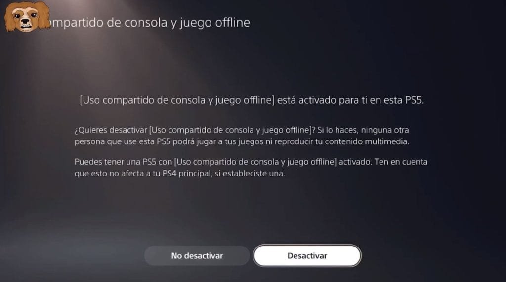 Desactivar uso compartido de consola y juego offline en PS5